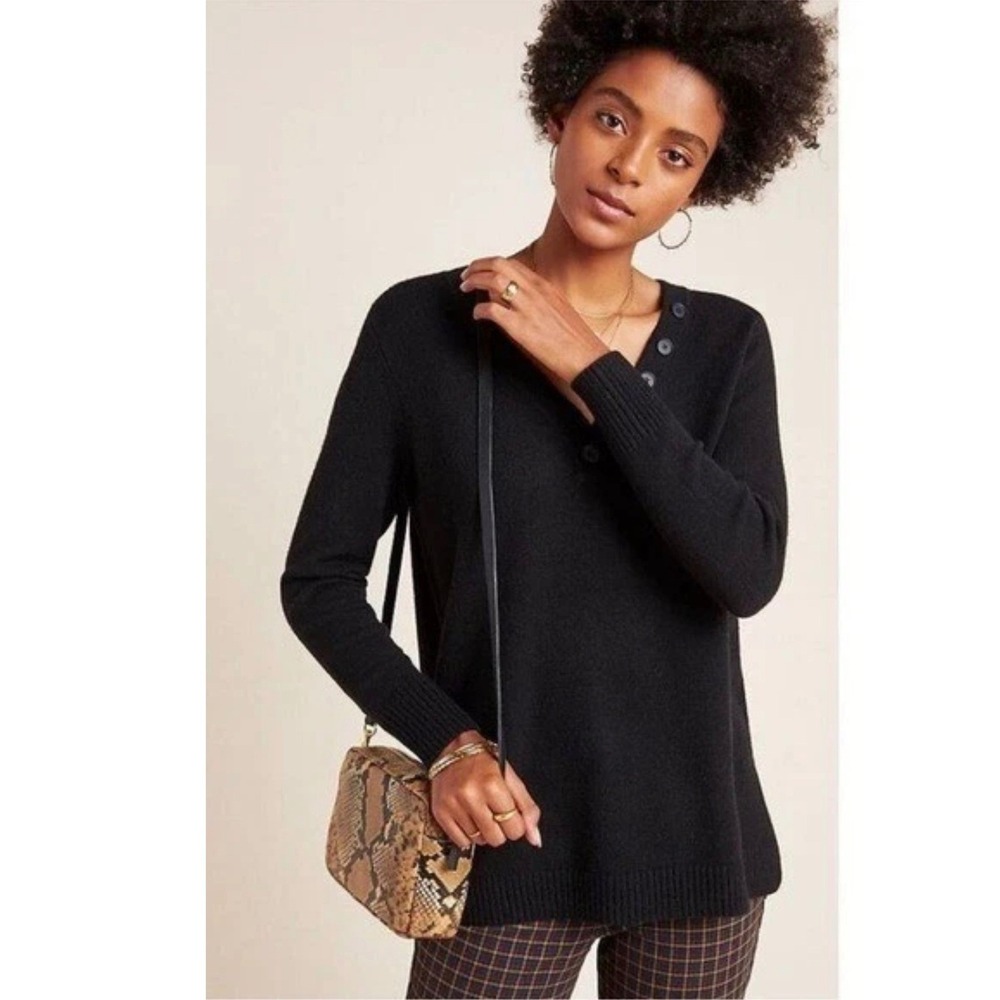 Anthropologie Sweater Womens S Black Henley Side Button Knit Tunic Long Sleeve